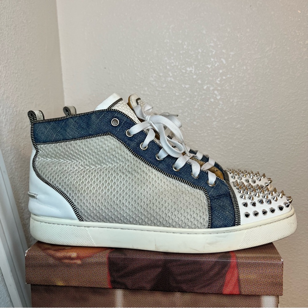 Christian Louboutin Denim and White Studded Sneakers Men’s Spikes Red Bottoms